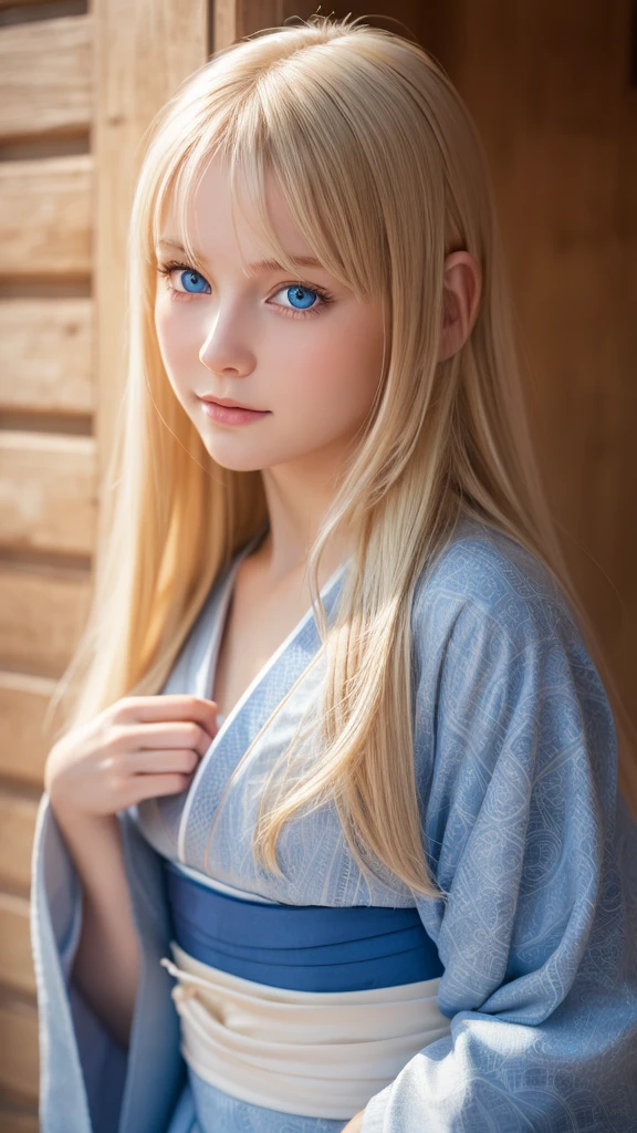 Highest quality, from head to toe, Soft Light, Ultra-high resolution, (Realistic:1.4), RAW Photos, 1 Russian blonde girl, alone, cute, (A shy smile:0.5), (Blue Eyes, Light in your eyes), Beautiful face in every detail, (Small box),(High resolution detail of human skin texture), (Long Hair), Mini Kimono