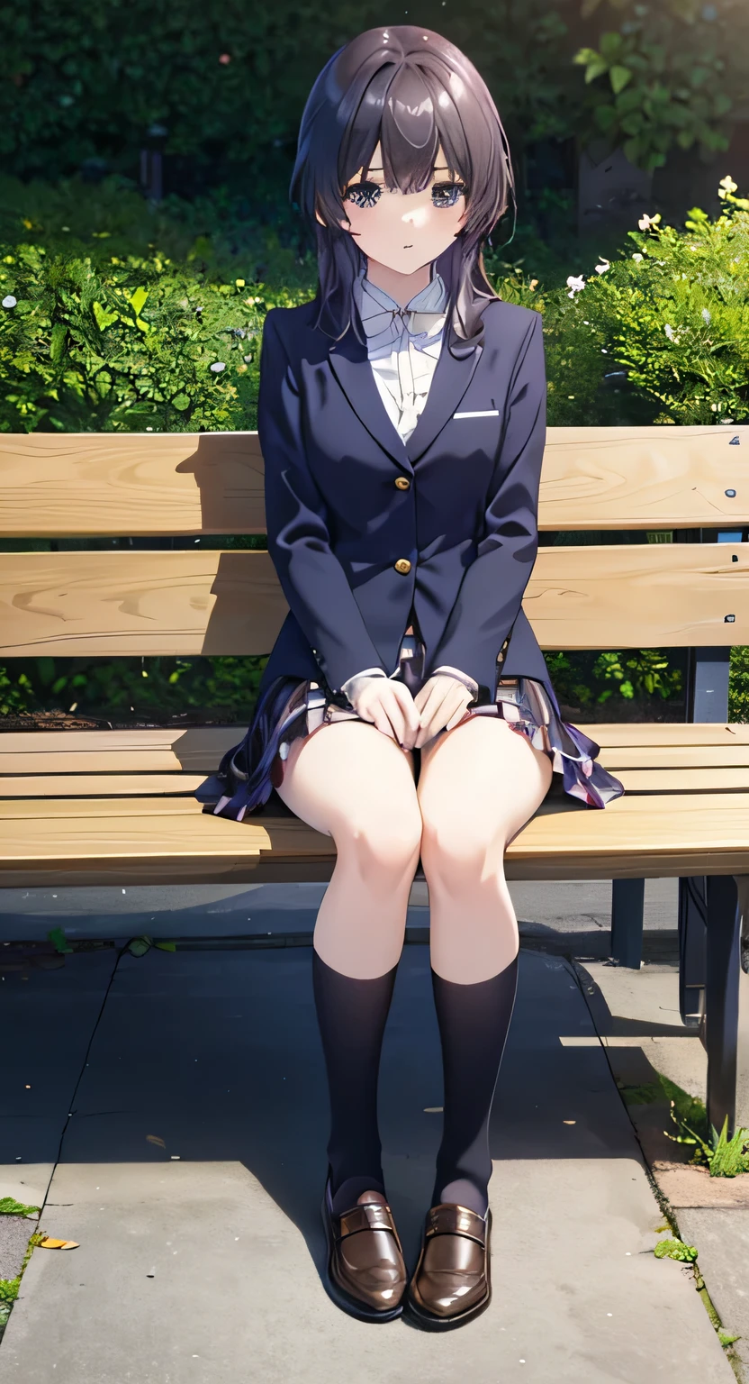 Highest quality, masterpiece, High resolution, (Head to Toe full body), front, frontComposition from slightly below, Symmetric, Tall 18 year old girl, alone, (Head to Toe), (Small breasts), Black Hair, bangs, ローファー、(黒いタイツ) (Sit with your legs apart), (Crouching pose), (Sit on a bench with your legs spread), (M-shaped feet),、 Thin legs, Very beautiful tall 18 year old girl, Looking into the camera, blazer uniform, Checkered Pleated Skirt