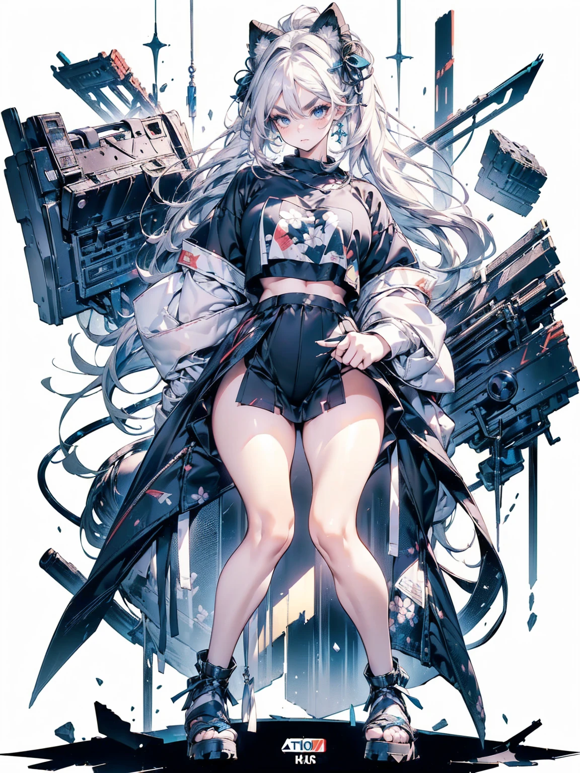 , (White Hair Girl), (Thick, dark blue eyebrows:1.4), (Dark blue eyebrows:1.7), (Thick eyebrows:1.3), (Huge black fluffy animal ears:1.1), (Black animal ears:1.1), BREAK, (((Mesh Stitching Crop T-Shirt, Cutout Long Sleeve Top))),BREAK, (Big Breasts:1.2, Thick legs, Superb thighs:1.3, Adult female body, Sturdy body:1.5, Japanese style costume:1.5, Beautifully colored kimono:1.5,), ((Action pose:1.4 )), (sharp eyes, Ultra-high definition CG, Precisely designed costumes, 4K, 8K, Ultra-high definition CG, Precisely designed costumes, Clear lines, Expressive and Captivating Eyes, Fine Details and Realistic Textures, cinematic lighting), ((white background)), BREAK, (過剰なRuggedThick soleブーツを履いています:1.2), (Thick sole:1.5), (Big shoes:1.3),