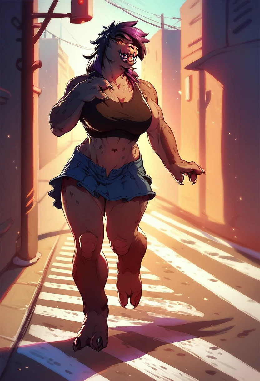 score_9, score_8_up, score_7_up, score_6_up, score_5_up, score_4_up,
1girl,
solo,
female,
furry,
furry female,
anthro,
alien, dark purple messy long hair,
muscular,
countershading,
detailed soft,
source_furry,
face,
teeth,
claws,
muscular female,
big tits,
Walking down a busy street in high heals, short mini skirt, low cut crop top