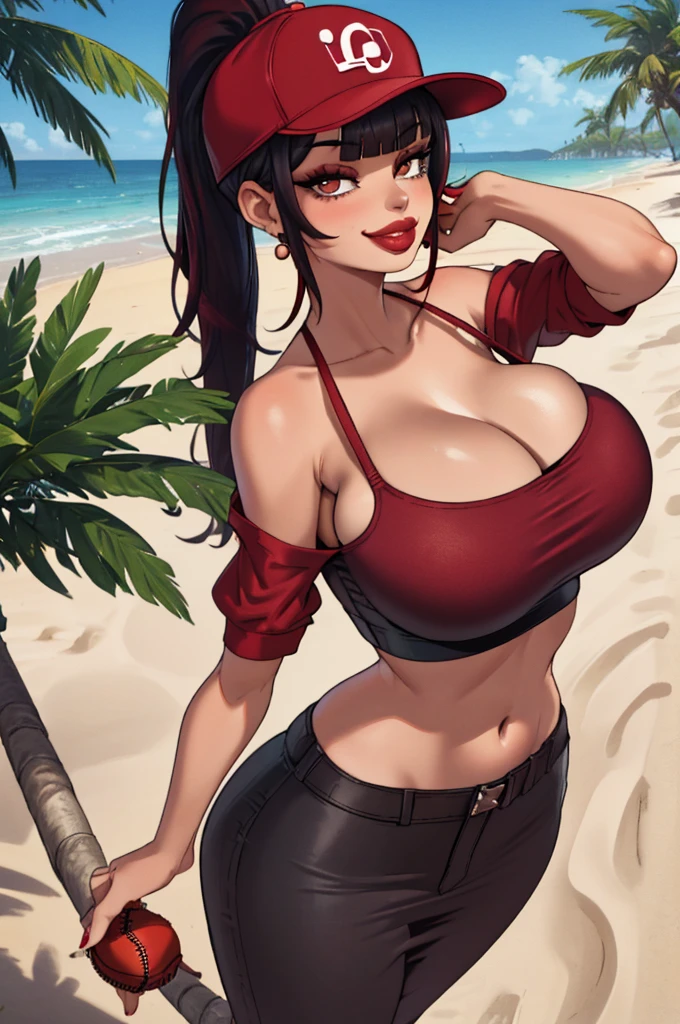 slim latina, burgundy hair, ((high ponytail, blunt bangs)), light skin, brown eyes, pouting lips (smiling), red lipstick (bimbo lips), (red baseball cap, red eyeglasses)), gold hoop earrings, slim waist, big breasts ((giant breasts:1.3)), wide hips, spaghetti strap, ((red crop top)), midriff (black pleated skirt), ((hands on hips)), from above pov, looking at viewer, at the beach, palm trees,wide shot ((masterpiece, curvilinear, 8K))