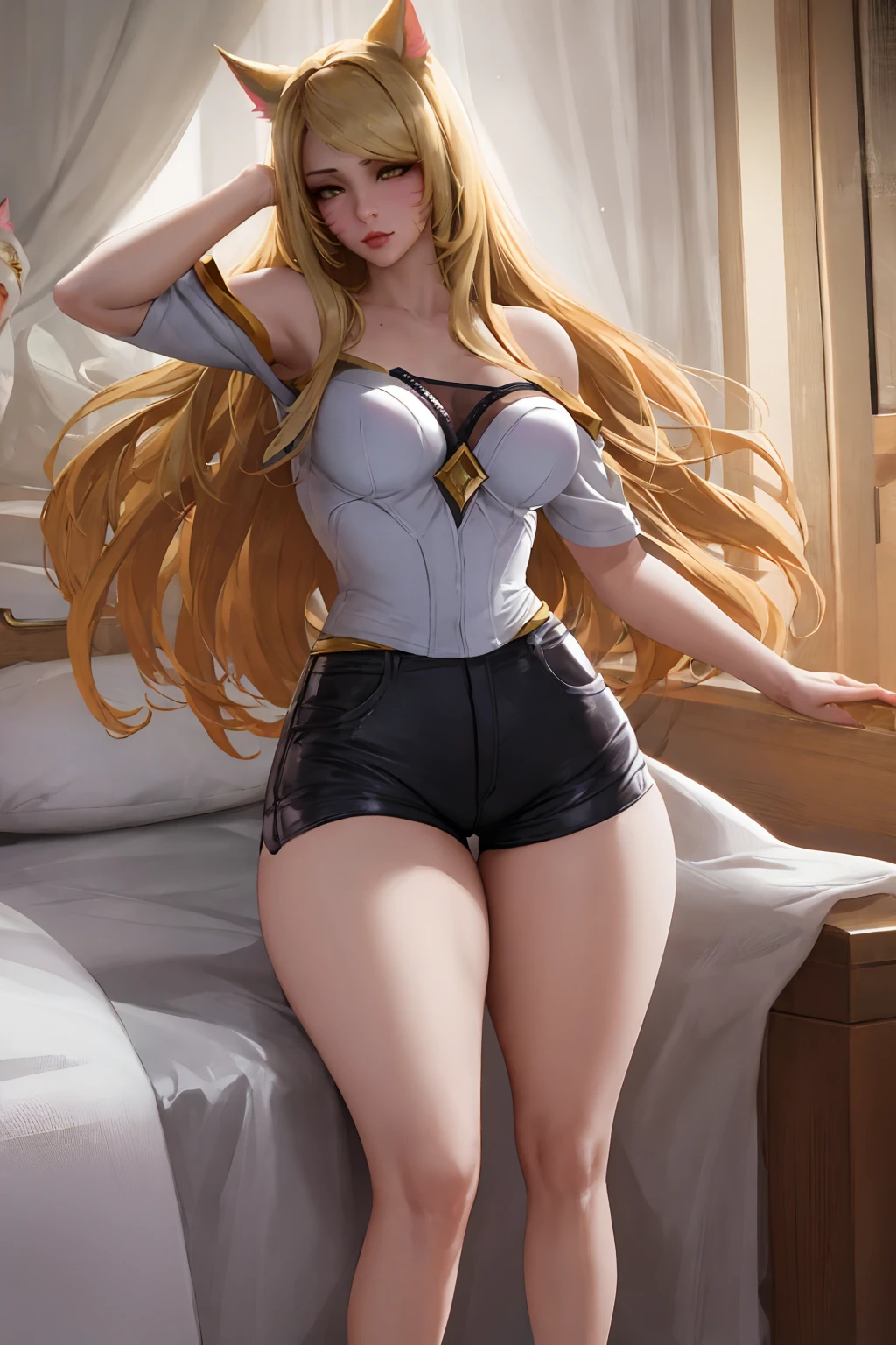 Masterpiece, high quality, kda ahri, ahri, fox hears, blonde, tight shorts, medium breasts, sexy, thick thighs, wide hips, blonde hair, posing, bedroom