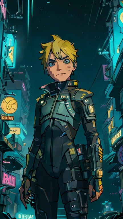 best quality,masterpiece,1boy,solo,(((13years old))),japanese boy,an extremely cute and handsome hoy,highly detailed handsome face and eyes,petit,cute face,lovely face,baby face,shy smile,show teeth, Yellow hair,short hair,flat chest,skinny,slender,(((Uzumaki Boruto wearing Cyberpunk Bodysuit ))),(((standing in Dark Midnight Neon Glow light Cyberpunk Gotham city))),he is looking at the viewer,