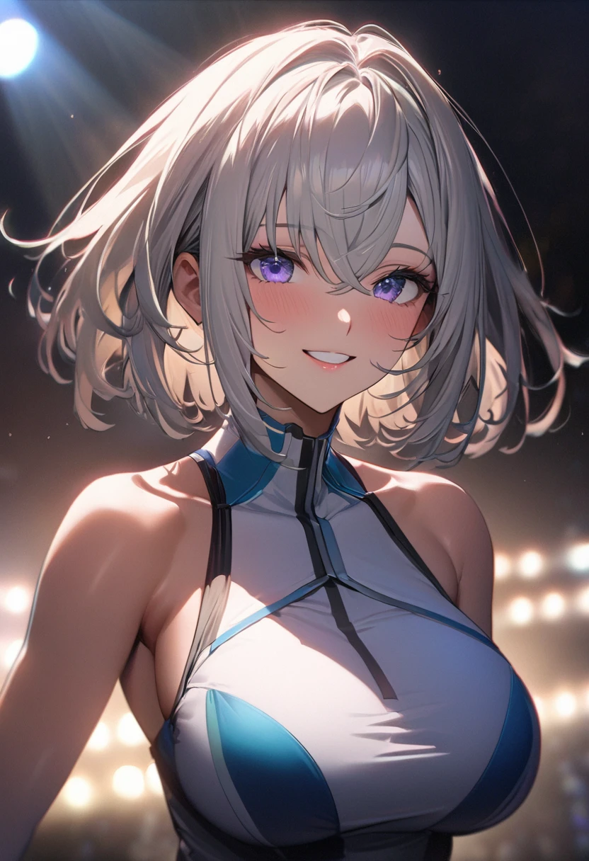 (masterpiece:1.3), (8K、Highest quality:1.4), (Best image quality, Intricate details, High resolution, Depth Field, Natural light, Professional Lighting), (1 Girl), (alone), (Asian Girl, Very beautiful 18 year old manga girl), (Very beautiful woman、Attractive beautiful woman, 美しい銀髪のBobcut, 強い青いeye, 強いeyeのハイライト, Very large breasts, Perfect Anatomy, Dynamic Lighting, Lip gloss), A beautiful face with perfect symmetry, Beautiful detailed woman, Very beautiful detailed face, とても美しい詳細なeye, Smile at the audience, Smiling very happily, Beautiful Teeth, Beautiful Teeth alignment, Very detailed, Very detailed, Beautiful Teeth, Beautiful Teeth alignment, Very detailed, Very detailed, ((Detailed cheerleader:1.2)), The light shines on your face, ((Dynamic pose)), Bobcut, Crossed bangs, Asymmetrical bangs, Long neck, Show me your ears, disappear'eye, eyelash, cute, Very large breasts、Very beautiful and big, Very beautiful breast shape, Beautiful cleavage, Tall Supermodels, Long-legged supermodel, Supermodels dressed as cheerleaders, Strike a Pose, Close-up of a woman, To the camera, Laughter, ((head band, Sleeveless shirt with open chest, hot pants)), A young and slender gravure idol, Young Gravure Idol, Young Gravure Idol, Daytime park background