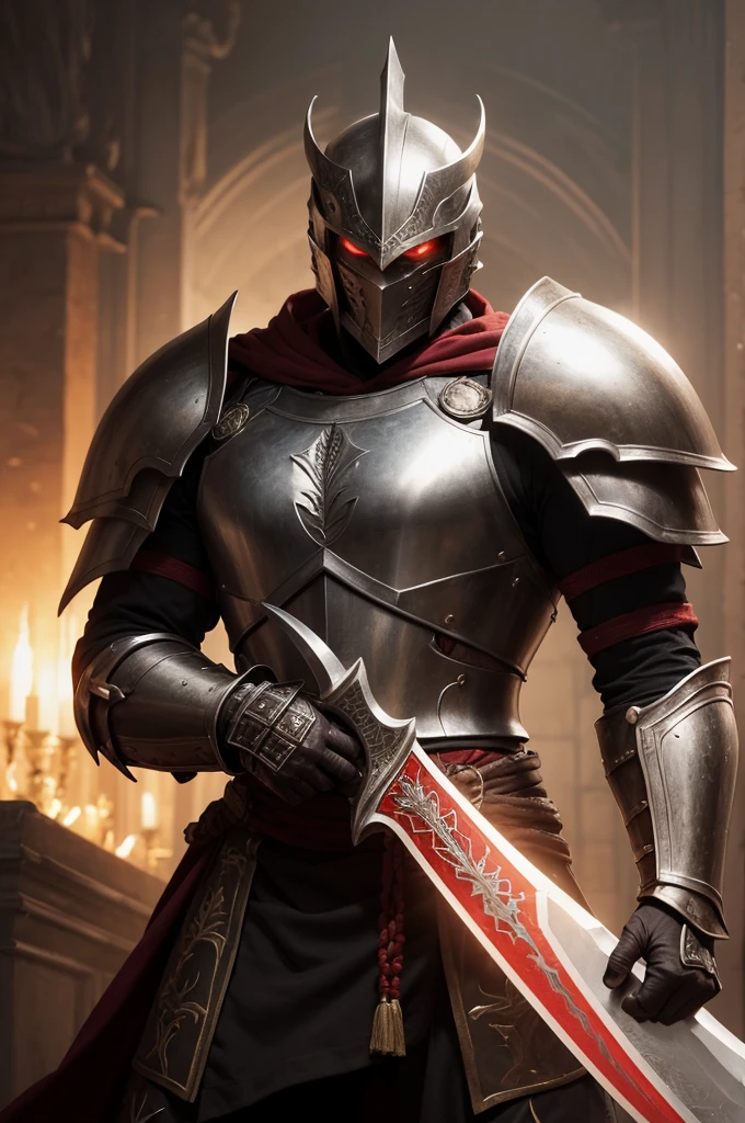 Clothing and Armor:
The character is dressed in Berserker Armor, which maintains a similar aesthetic to the clothes he wore before. The armor has red and gold details, harmonizing with the original elements of your costume. The robe's wide sleeves are now reinforced with black metal plates., and the armor itself is intricately decorated with patterns reminiscent of demonic symbology..
Helmet and Face:
Nor the mask, the armor's helmet ends just above the forehead, leaving the character's face fully visible. Her silver hair falls softly, emoldurando seu rosto. His expression is serene and concentrated, maintaining the calm characteristic that contrasts with the brutality of the armor. The golden crown he previously wore is now integrated into the helmet, giving it an air of dark royalty.
Espada Dragonslayer:
In the right hand, ele segura firmemente a Dragonslayer, a colossal sword that looks even more intimidating in contrast to its elegant appearance. The blade is wide and thick, with battle marks and a slight reddish hue due to the blood of fallen enemies. The hilt of the sword is wrapped in black leather, with gold details that match the armor elements.
Position and Expression:
He is in a reading position, as in the original image, but now it looks like it's resting after a battle. The serenity of his expression contrasts sharply with the ferocity of his armor and sword.. The left hand holds an old book, with a worn green cape, suggesting that, Despite his menacing appearance, he is still someone of intellect and contemplation.
scenario:
The scenery around you is a gloomy environment, possibly an ancient library or destroyed shrine, with scattered books and broken pillars. The lighting is poor, with just a few torches providing a soft light that highlights the details of your armor.
