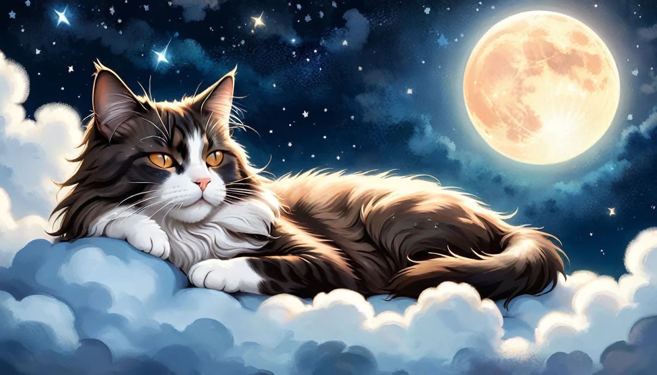 Highly detailed and realistic digital painting of a Norwegian Forest Cat cat with eyes closed, sleeping peacefully on a fluffy cloud. The night sky is filled with twinkling stars and a large shining full moon. The background is dark in various shades of blue and black and features scattered stars and small clouds. The cat's fur is vividly rendered in shades of orange and white, gently reflecting the moonlight. The overall mood should be calm and dreamy, capturing the essence of a peaceful night.