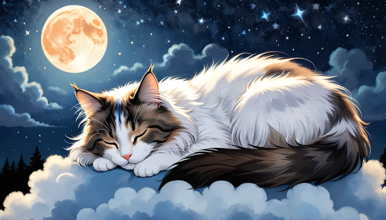 Highly detailed and realistic digital painting of a Norwegian Forest Cat cat with eyes closed, sleeping peacefully on a fluffy cloud. The night sky is filled with twinkling stars and a large shining full moon. The background is dark in various shades of blue and black and features scattered stars and small clouds. The cat's fur is vividly rendered in shades of orange and white, gently reflecting the moonlight. The overall mood should be calm and dreamy, capturing the essence of a peaceful night.