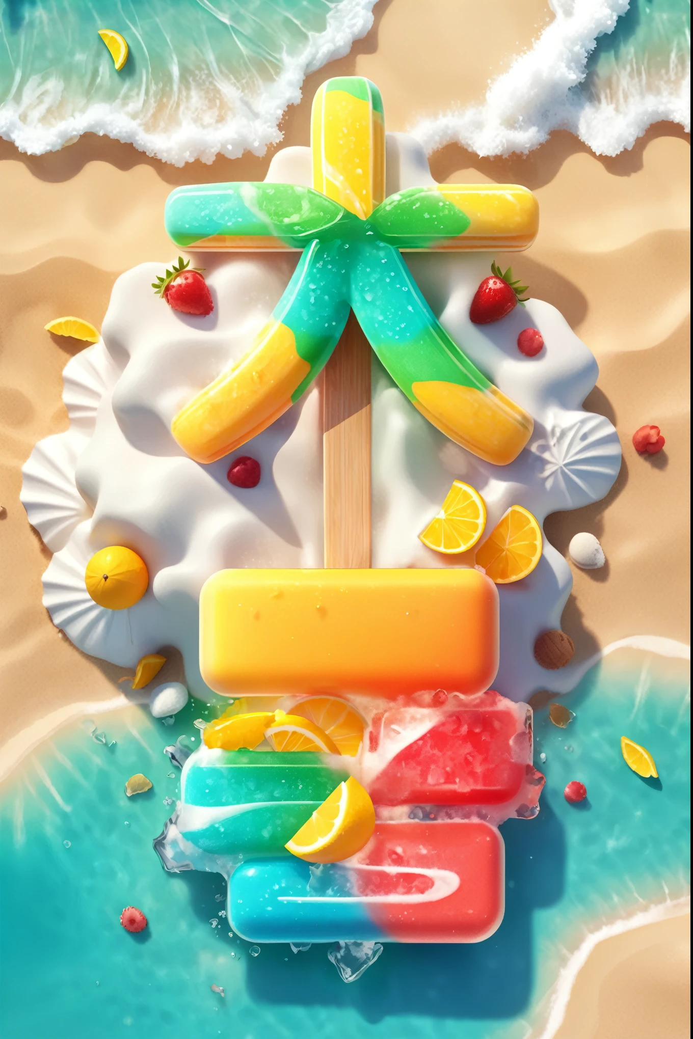 ice lolly, cartoony, summer beach background, ice cube, Special features, Octane rendering and blender, hyper quality, clear features, Ultra HD and 8K resolution,Fresh hand drawn illustration