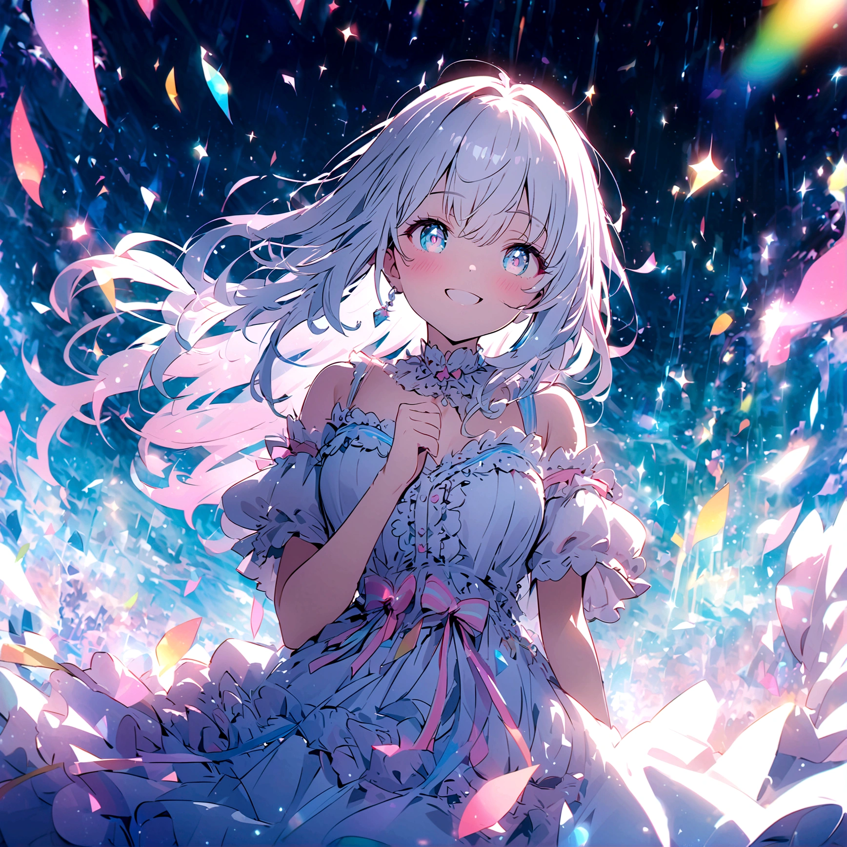 anime style, 8k, top quality, Masterpiece, super detailed, A beautiful girl with long silver hair and a radiant smile, standing in a magical landscape filled with glowing light particles and sparkling effects. The scene features pastel colors. Her eyes reflect joy and sparkle with light. She wears a white frilly dress adorned with cute ribbons and accessories, emphasizing the celebratory atmosphere. Created Using: transparent and bright colors, soft lighting effects, detailed rendering, joyful reflections in eyes, hd quality, vivid style