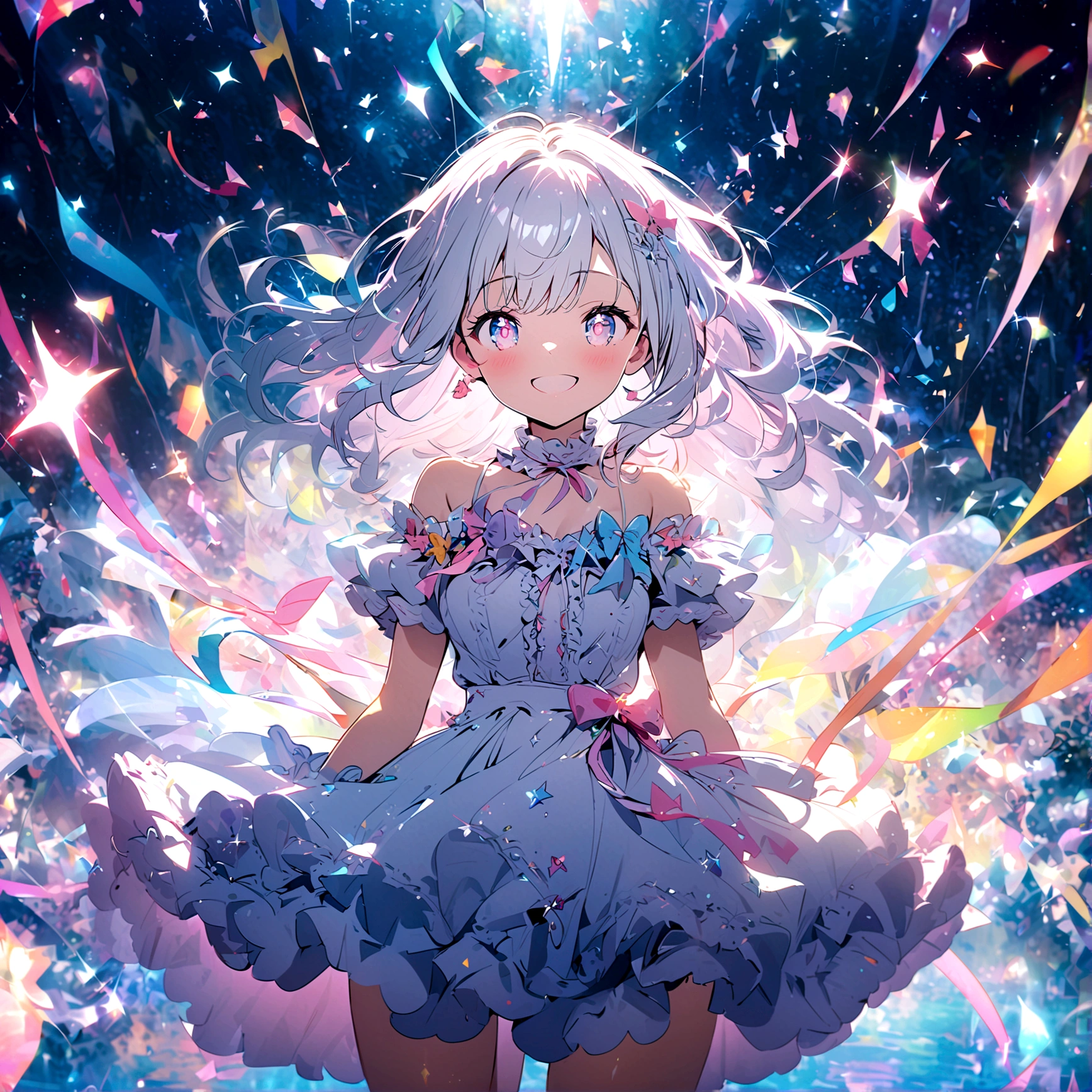 anime style, 8k, top quality, Masterpiece, super detailed,  A beautiful girl with long silver hair and a radiant smile, standing in a magical landscape filled with glowing light particles and sparkling effects. The scene features pastel colors. Her eyes reflect joy and sparkle with light. She wears a white frilly dress adorned with cute ribbons and accessories, emphasizing the celebratory atmosphere. Created Using: transparent and bright colors, soft lighting effects, detailed rendering, joyful reflections in eyes, hd quality, vivid style