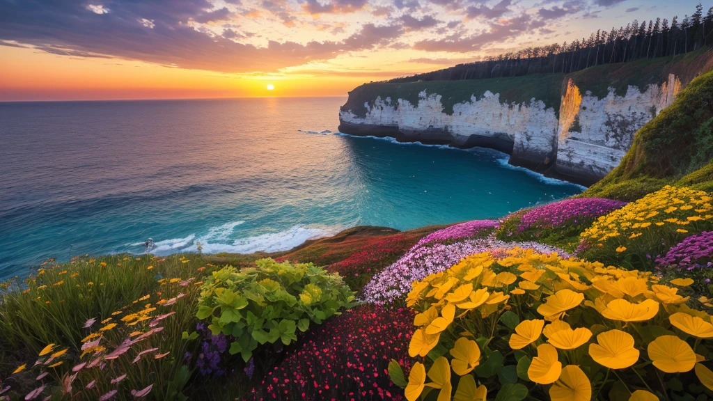 nature, Detailed lighting, Sea of Flowers, Sky, Sunset, breeze, Fallen Leaves, cliff, The most beautiful place on earth