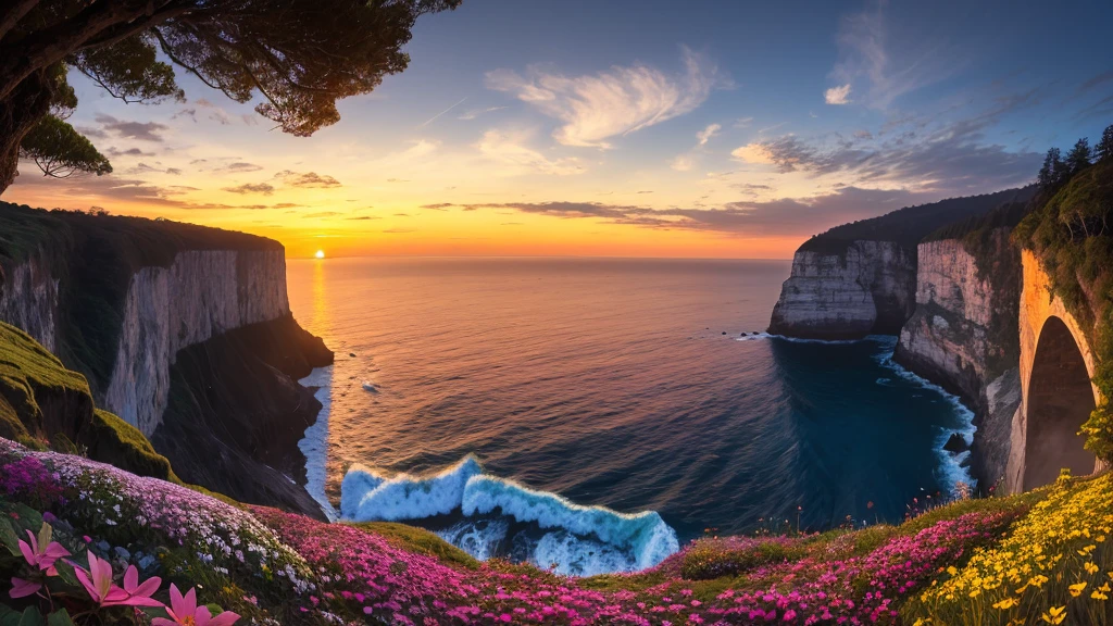 nature, Detailed lighting, Sea of Flowers, Sky, Sunset, breeze, Fallen Leaves, cliff, The most beautiful place on earth