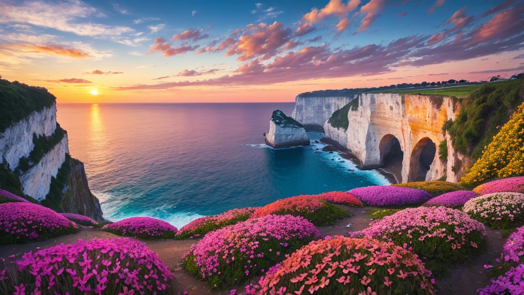 nature, Detailed lighting, Sea of Flowers, Sky, Sunset, breeze, Fallen Leaves, cliff, The most beautiful place on earth