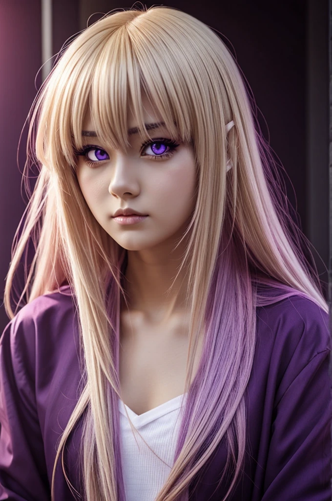 demon anime girl,purple eyes,king,blond hair