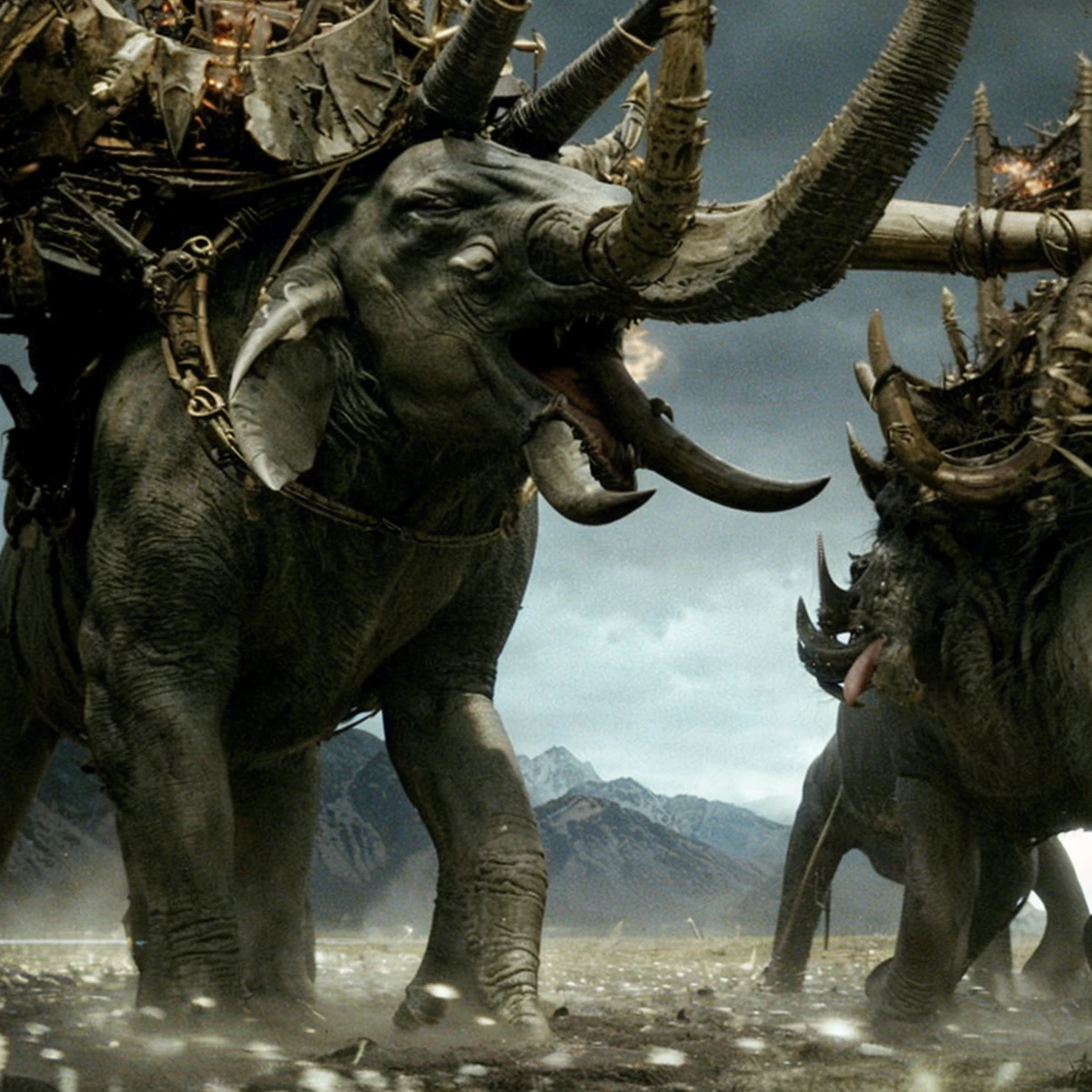 Create a highly detailed surrealistic mighty Oliphaunt with four long tusks from Lord of the Rings walking through a highly detailed photorealistic dark field in a dark black night full of dark clouds.