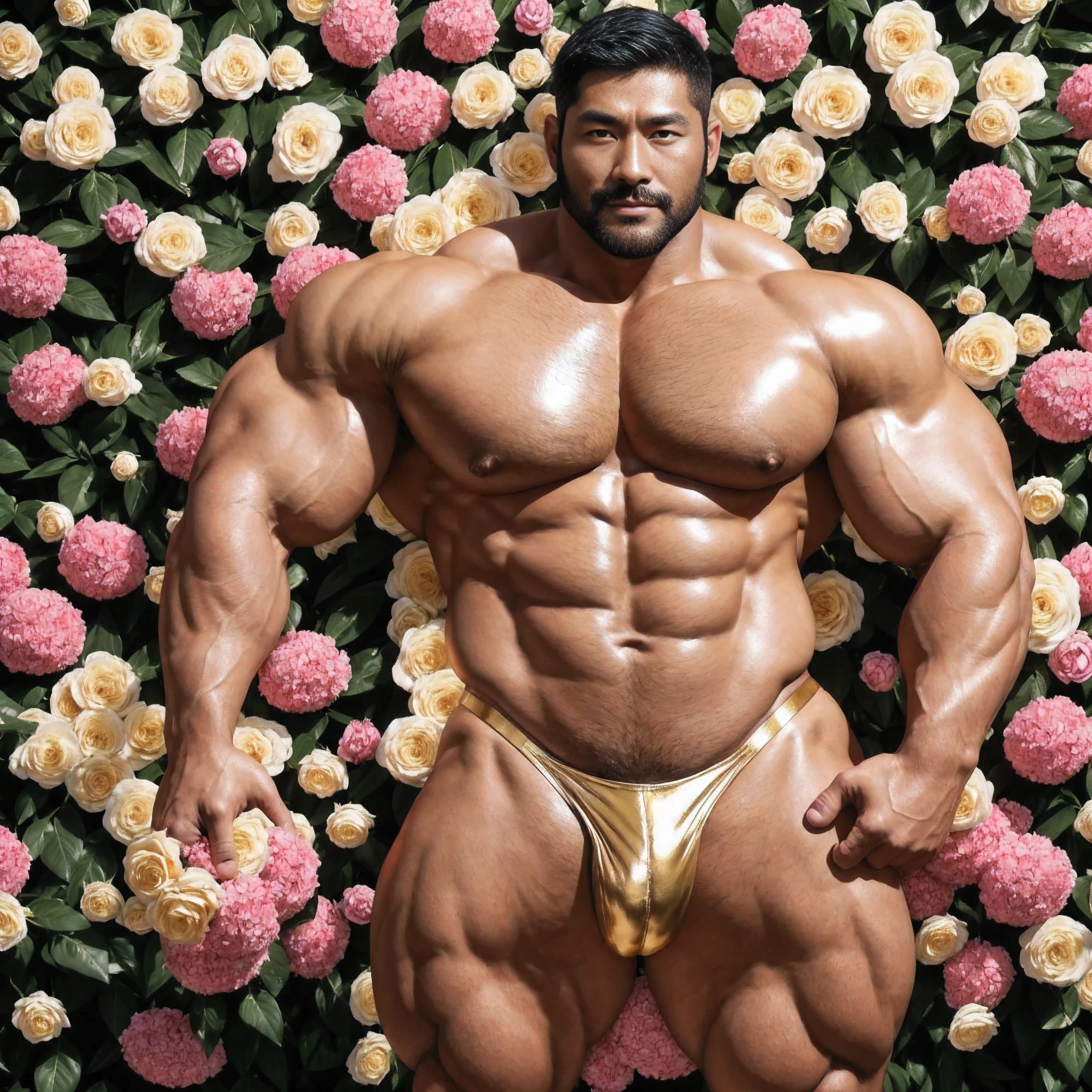 There is only one handsome Asian actor in the photo,35 years old,High target, Fitness,short hair, O-Shaped Beard,Perfect body, Dark skin color,Radiant Skin,Smooth skin,Shiny, shiny skin,Smooth pectoral muscles,No chest hair,No body hair,Muscle bulge, muscular, Very large pectoral muscles,Very sexy abdominal muscles,Very well-developed leg muscles,Huge concave and convex area,Brightens oily skin,Wearing a gold leather shiny thong,Handsome face, Correct and accurate male body proportions, Wear black socks,Put your hands behind your back,Stand among the flowers,Flowers bloom all around。