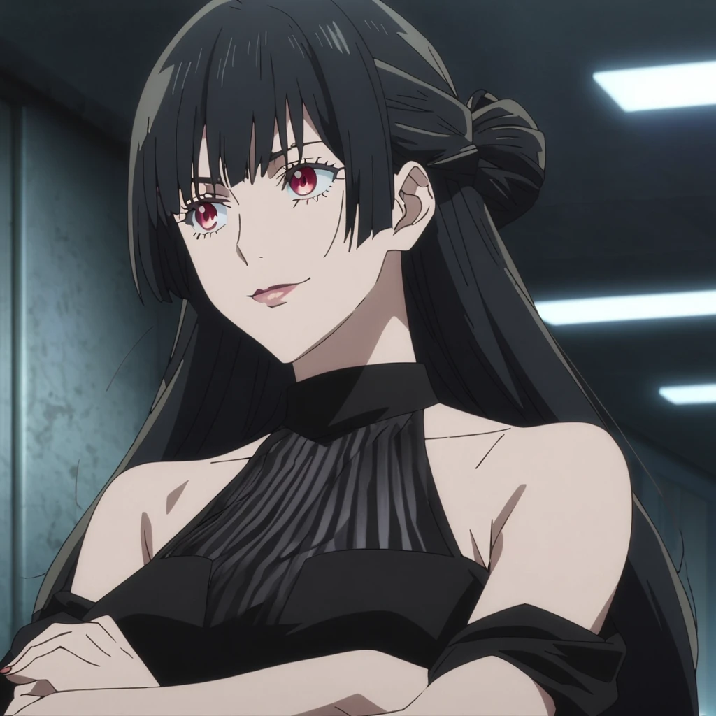 1girl, female gojo satoru, anime screencap from jujutsu kaisen, gojo satoru female version, solo, long_hair, red eyes, ((black_hair)), night view, breasts, upper_body, smile, indoors, book, bangs, blue_eyes, lips, (wearing round sunglasses) , ((her hairstyle : The character in the image has long straight black hair)) wearing black color party dress, bare shoulder, breast, "very detailed and high resolution" (red eyes) ((cross arms)) ((long hair)) ((solo)) ((high resolution)) ((upper body)) (Good quality)