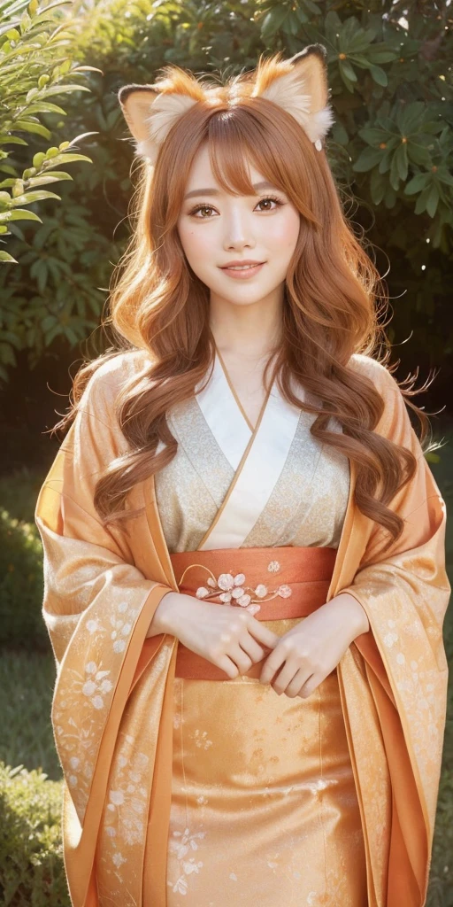 masterpiece, best quality, highly detailed, 1girl, solo, (:3:0.9), animal ear fluff, animal ears, orange hair, fluffy hair, blush, brown eyes, flower, fox ears, fox girl, gradient, gradient background, hair flower, hair ornament, japanese clothes, kimono, looking at viewer, miko, smile, solo, white kimono, beautiful lighting