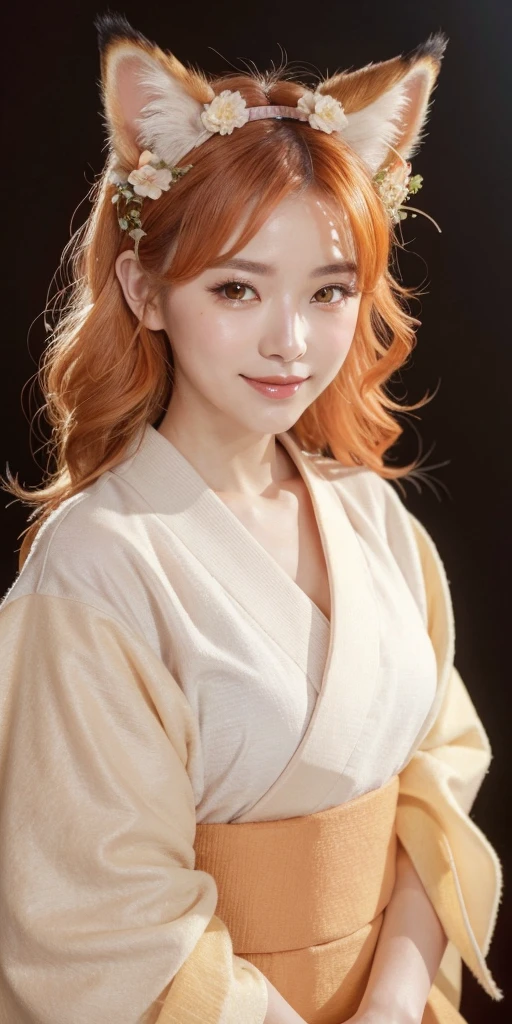 masterpiece, best quality, highly detailed, 1girl, solo, (:3:0.9), animal ear fluff, animal ears, orange hair, fluffy hair, blush, brown eyes, flower, fox ears, fox girl, gradient, gradient background, hair flower, hair ornament, japanese clothes, kimono, looking at viewer, miko, smile, solo, white kimono, beautiful lighting