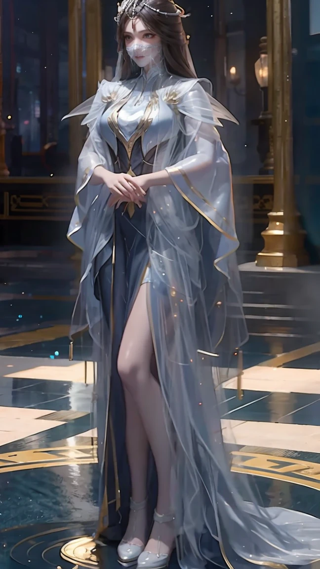 Cartoon woman standing on the starry sky like dominant and powerful enchantress, Water splashes at the knees,CG Social Trends, Smooth anime CG art, Starry sky background,Full body view,Royal sister standing posture,With a translucent veil