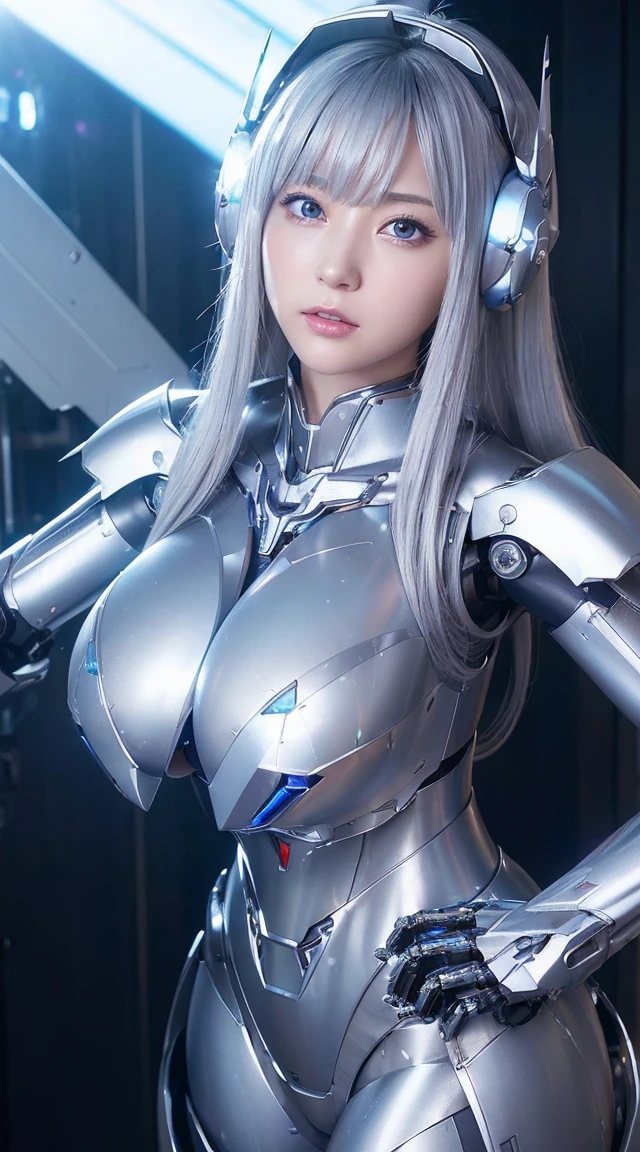 ((Intense action pose:1.6))、((Shining lenses on both breasts:1.3))、((Blue pillars of light are emanating from both chests.:1.3))、smile、((8K)), ((32k)), ((Highest quality)), ((masterpiece)), ((超A high resolution)), ((Tmasterpiece)), ((Halation:1.4))、((Mechaニカルheadgear:1.2))、((Cyber Headphones:1.3))、Fine skin, High quality fabric, Fine metal texture、((Beautiful and dense face))、RAW Photos、Professional, Ultra-fine painting, ((alone)), Beautiful breasts、Highest quality, Very detailed, Very detailed詳細, Finer details, so beautiful, ((Princess Knight Robot:1.2)),  (Joints of machines, Mechanical Limbs:1.3), (The internal structure of the machine is exposed:1.3), (Long silver hair:1.1), (Beautiful and huge mechanical breasts)、White Veil, cowboy_shot, Side Focus, headgear, Shiny、(Five Fingers, Four fingers and thumb),Concept Art, Anime fantasy artwork, Detailed fantasy art, (with pale blue-violet hair and large white wings,,,,,,,), (((Long silver hair))), (Mecha:1.6)、Sleek and intimidating design, ((Commander-in-Chief&#39;arm)), (Perfect robot body)、純白と青紫armまたは, Symmetrical wings, 8K high quality, detailed art, 3D rendering of character art in 8K, neat legs, Defined, Defined fingers,