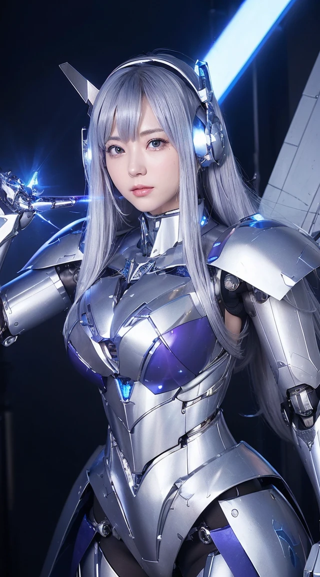 ((Intense action pose:1.6))、((Shining lenses on both breasts:1.3))、((Blue pillars of light are emanating from both chests.:1.3))、smile、((8K)), ((32k)), ((Highest quality)), ((masterpiece)), ((超A high resolution)), ((Tmasterpiece)), ((Halation:1.4))、((Mechaニカルheadgear:1.2))、((Cyber Headphones:1.3))、Fine skin, High quality fabric, Fine metal texture、((Beautiful and dense face))、RAW Photos、Professional, Ultra-fine painting, ((alone)), Beautiful breasts、Highest quality, Very detailed, Very detailed詳細, Finer details, so beautiful, ((Princess Knight Robot:1.2)), (Joints of machines, Mechanical Limbs:1.3), (The internal structure of the machine is exposed:1.3), (Long silver hair:1.1), (Beautiful and huge mechanical breasts)、White Veil, cowboy_shot, Side Focus, headgear, Shiny、(Five Fingers, Four fingers and thumb),Concept Art, Anime fantasy artwork, Detailed fantasy art, (with pale blue-violet hair and large white wings,,,,,,,), (((Long silver hair))), (Mecha:1.6)、Sleek and intimidating design, ((Commander-in-Chief'arm)), (Perfect robot body)、純白と青紫armまたは, Symmetrical wings, 8K high quality, detailed art, 3D rendering of character art in 8K, neat legs, Defined, Defined fingers,