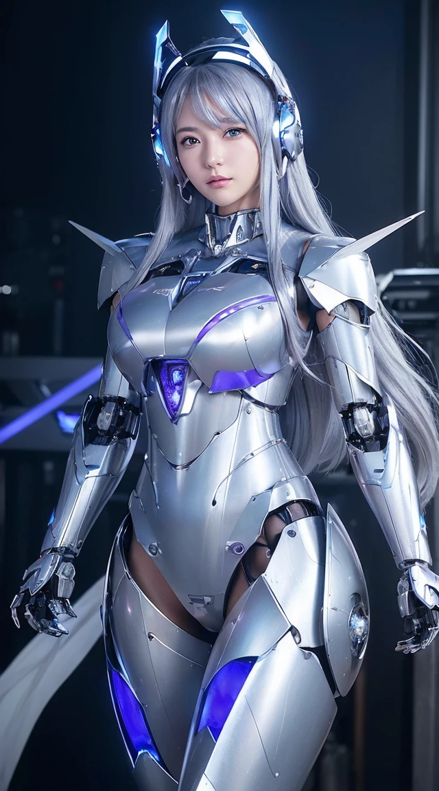 ((Intense action pose:1.6))、((Shining lenses on both breasts:1.3))、((Blue pillars of light are emanating from both chests.:1.3))、smile、((8K)), ((32k)), ((Highest quality)), ((masterpiece)), ((超A high resolution)), ((Tmasterpiece)), ((Halation:1.4))、((Mechaニカルheadgear:1.2))、((Cyber Headphones:1.3))、Fine skin, High quality fabric, Fine metal texture、((Beautiful and dense face))、RAW Photos、Professional, Ultra-fine painting, ((alone)), Beautiful breasts、Highest quality, Very detailed, Very detailed詳細, Finer details, so beautiful, ((Princess Knight Robot:1.2)), (Joints of machines, Mechanical Limbs:1.3), (The internal structure of the machine is exposed:1.3), (Long silver hair:1.1), (Beautiful and huge mechanical breasts)、White Veil, cowboy_shot, Side Focus, headgear, Shiny、(Five Fingers, Four fingers and thumb),Concept Art, Anime fantasy artwork, Detailed fantasy art, (with pale blue-violet hair and large white wings,,,,,,,), (((Long silver hair))), (Mecha:1.6)、Sleek and intimidating design, ((Commander-in-Chief'arm)), (Perfect robot body)、純白と青紫armまたは, Symmetrical wings, 8K high quality, detailed art, 3D rendering of character art in 8K, neat legs, Defined, Defined fingers,