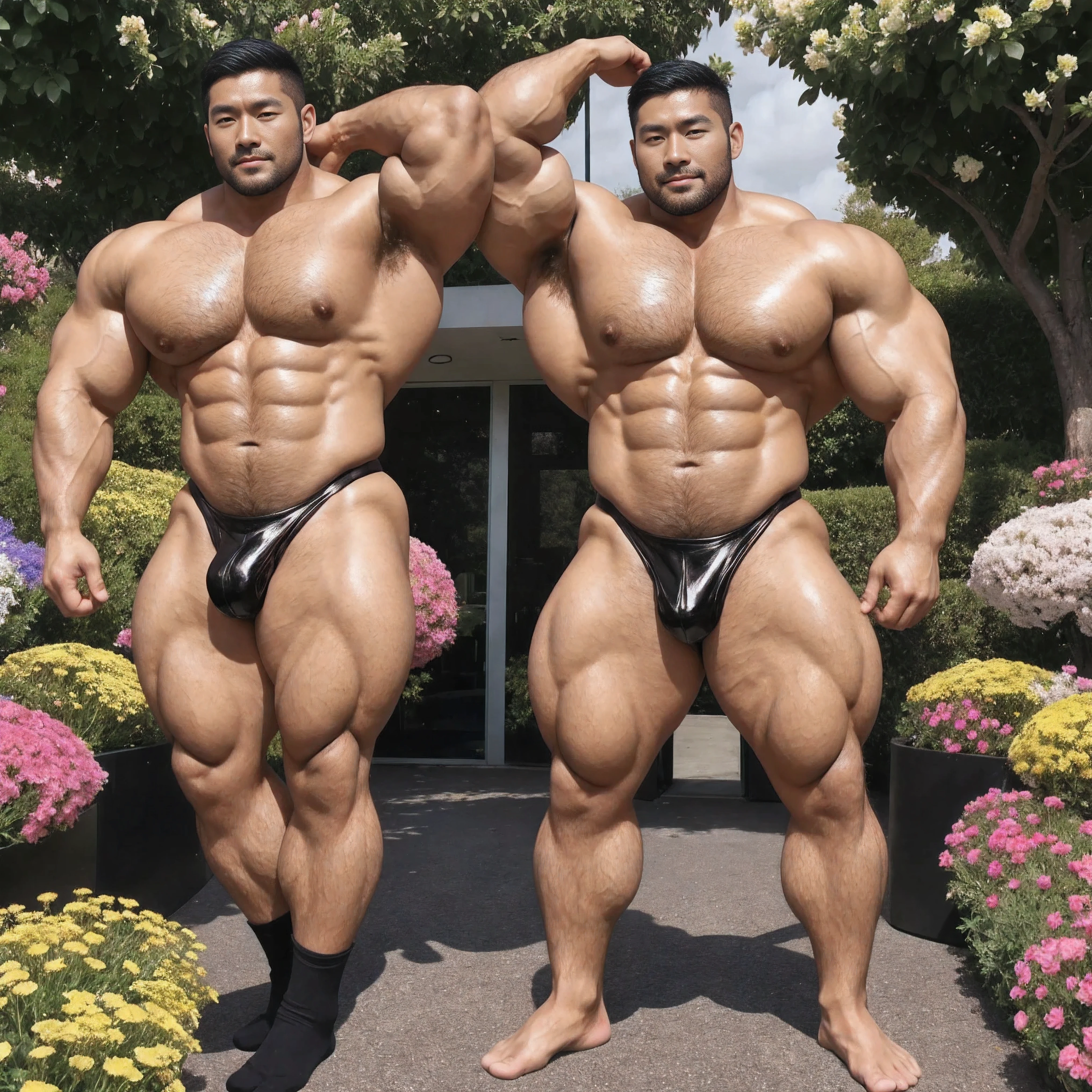There is only one handsome Asian actor in the photo,35 years old,High target, Fitness,short hair, O-Shaped Beard,Perfect body, Dark skin color,Radiant Skin,Smooth skin,Shiny, shiny skin,Smooth pectoral muscles,No chest hair,No body hair,Muscle bulge, muscular, Very large pectoral muscles,Very sexy abdominal muscles,Very well-developed leg muscles,Huge concave and convex area,Brightens oily skin,Wearing a gold leather shiny thong,Handsome face, Correct and accurate male body proportions, Wear black socks,Put your hands behind your back,Stand among the flowers,Flowers bloom all around。