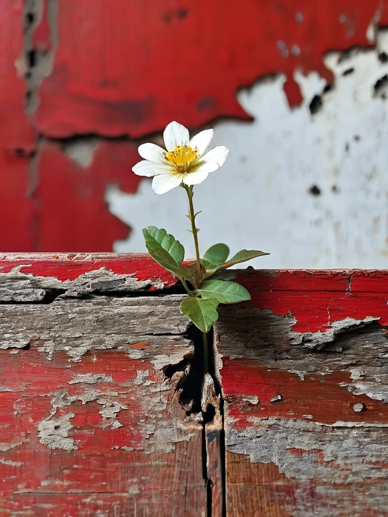 Solid red background,A small flower in the crack of a worn-out wooden stool,50%White Space