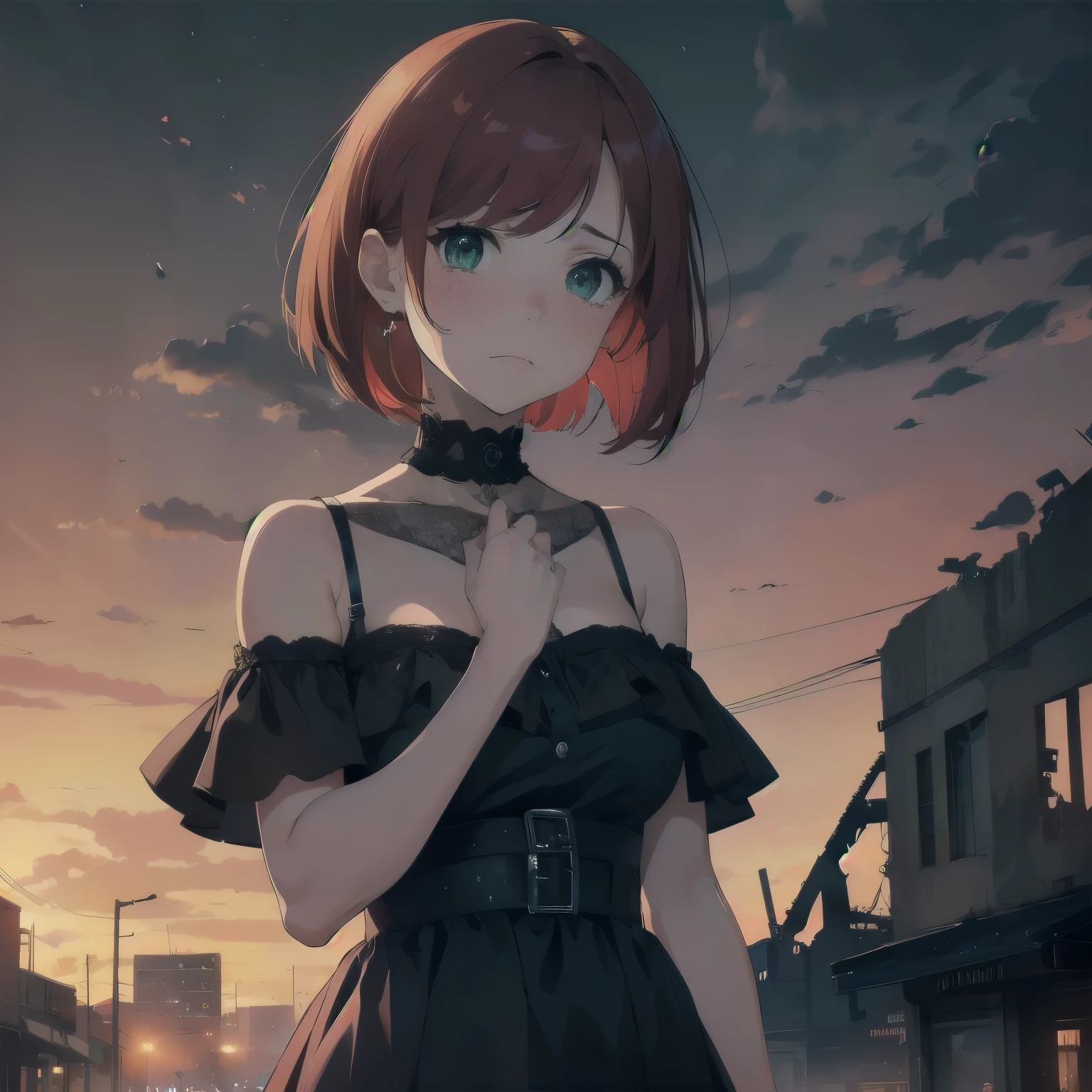 (masterpiece), best quality, expressive eyes, perfect face, 1girl, solo, bob cut, redhead, red hair BREAK short hair, green eyes BREAK blush, looking at viewer, freckles, breasts, cleavage, standing, crying tears, angry face, looking at viewer, ((torn dress, black dress)), (destroyed city, dark clouds), night sky, ((red sky)), apocalypsis city, ((ruins)), closed mouth, outdoors