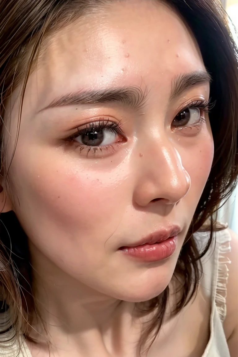(Realistic:1.3、Ultra HD、Ultra-high resolution、8K、Japanese Housewife、In the bedroom、At the bed)、((Look Viewer:1.8))、(Extremely realistic skin texture:1.4)、(Realistic:1.3)、short hair、((Embarrassed expression:1.5))、(blonde:1.5)、48-year-old woman、Mature Woman、Ponytail Hairstyles、(Brown eyes:1.3)、(Face close-up:1.22)、(Sweaty:1.2)、(Nipplesを見せる)、((衣服から突き出たNipples,))、dress、美しいNipples、Nipples、(Shooting from the side:1.1)、Drooling、((Blowjobチオ、Blowjob、Cum in mouth、Bukkake))