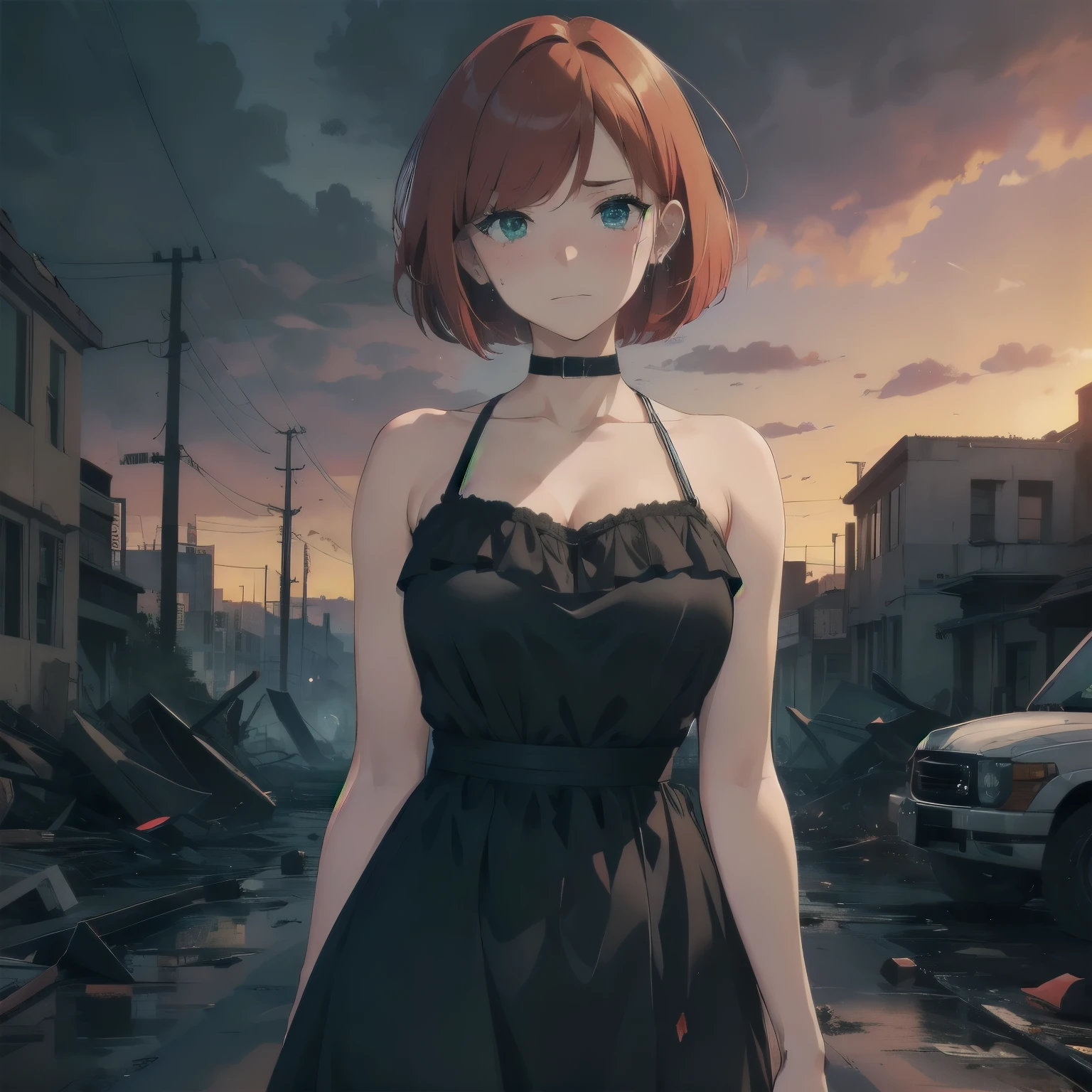(masterpiece), best quality, expressive eyes, perfect face, 1girl, solo, bob cut, redhead, red hair BREAK short hair, green eyes BREAK blush, looking at viewer, freckles, breasts, cleavage, standing, crying tears, angry face, looking at viewer, ((torn dress, black dress)), (destroyed city, dark clouds), night sky, ((red sky)), apocalypsis city, ((ruins)), closed mouth, outdoors