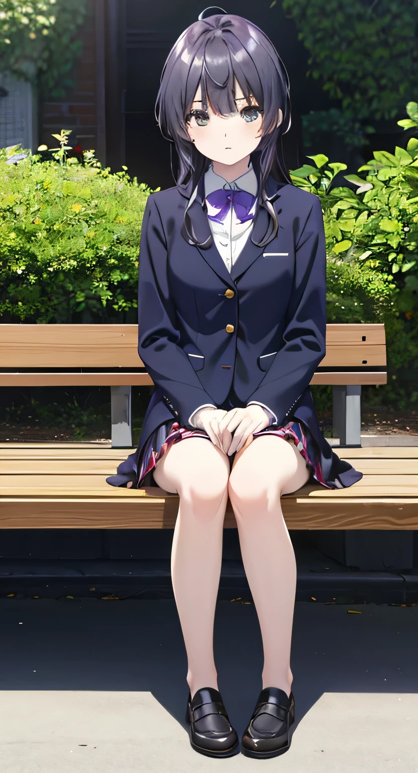 Highest quality, masterpiece, High resolution, (Head to Toe full body), front, frontComposition from slightly below, Symmetric, Tall 18 year old girl, alone, (Head to Toe), (Small breasts), Black Hair, bangs, ローファー、(黒いタイツ) (Sit with your legs apart), (Crouching pose), (Sit on a bench with your legs spread), (M-shaped feet),、 Thin legs, Very beautiful tall 18 year old girl, Looking into the camera, blazer uniform, Checkered Pleated Skirt