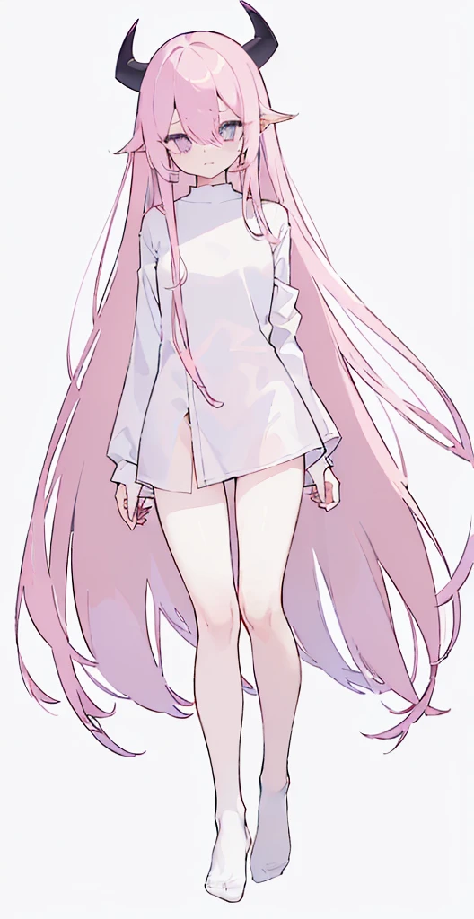 (((Long Pink hair))),Pink hair,kawai,(((Eyes visible from bangs,hair over eyes:1.3))),,Huge breasts,(purple color eyes),,(purple slanted eyes),1girl in,bangs,long White hair, pantyhose,Cowboy Shot,white background,Straight hair hair,(On both sides of the head has sharp black devil horns) ((head bowed pose)) Ter's hair flows straight down, has two sharp black horns (slant purple eyes) (((wearing a perfect white shirt))) white shirt sleeves should be folded to the elbows((Not wearing any pants, half naked, sensitive parts covered with a long, loose white shirt down to the middle of the thigh, perfect white shirt,((Long slim bare legs (sexy body) Bare thighs without wearing any socks, The character's body is visible from head to ankle, ((Tall slim perfect body)) (Don't wear any trousers, just wear a white shirt) full body full body full body full body (Full body image) legs wearing a short white loose t-shirt, Perfect long toe legs kawai, Small black horn 