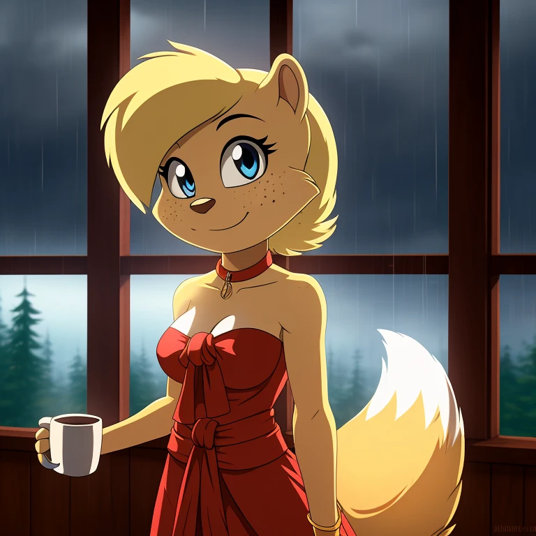 minerva, medium breast,
(detailed blonde hair:1.4), (detailed perfect eyes:1.2), white fur, (detailed fluffy fur:1.2), perfect hourglass body, mink snout, (long fluffy blonde tail:1.3), beautiful black eyes, relaxed pose, looking at viewer,
(freckles:1.2), light smile,
serving coffee,
(masterpiece:1.2), (best quality:1.2), (intricate:1.2), (highly detailed:1.2), (sharp:1.2), (8k:1.2), (highres:1.2),
cinematic summer tropical lighting, vivid colors,
kitchen, wooden cabin,
window, forest, rain,
aliceinwonderlandoutfit