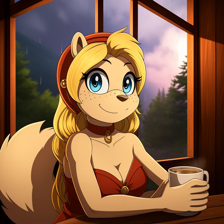 minerva, medium breast,
(detailed blonde hair:1.4), (detailed perfect eyes:1.2), white fur, (detailed fluffy fur:1.2), perfect hourglass body, mink snout, (long fluffy blonde tail:1.3), beautiful black eyes, relaxed pose, looking at viewer,
(freckles:1.2), light smile,
serving coffee,
(masterpiece:1.2), (best quality:1.2), (intricate:1.2), (highly detailed:1.2), (sharp:1.2), (8k:1.2), (highres:1.2),
cinematic summer tropical lighting, vivid colors,
kitchen, wooden cabin,
window, forest, rain,
aliceinwonderlandoutfit