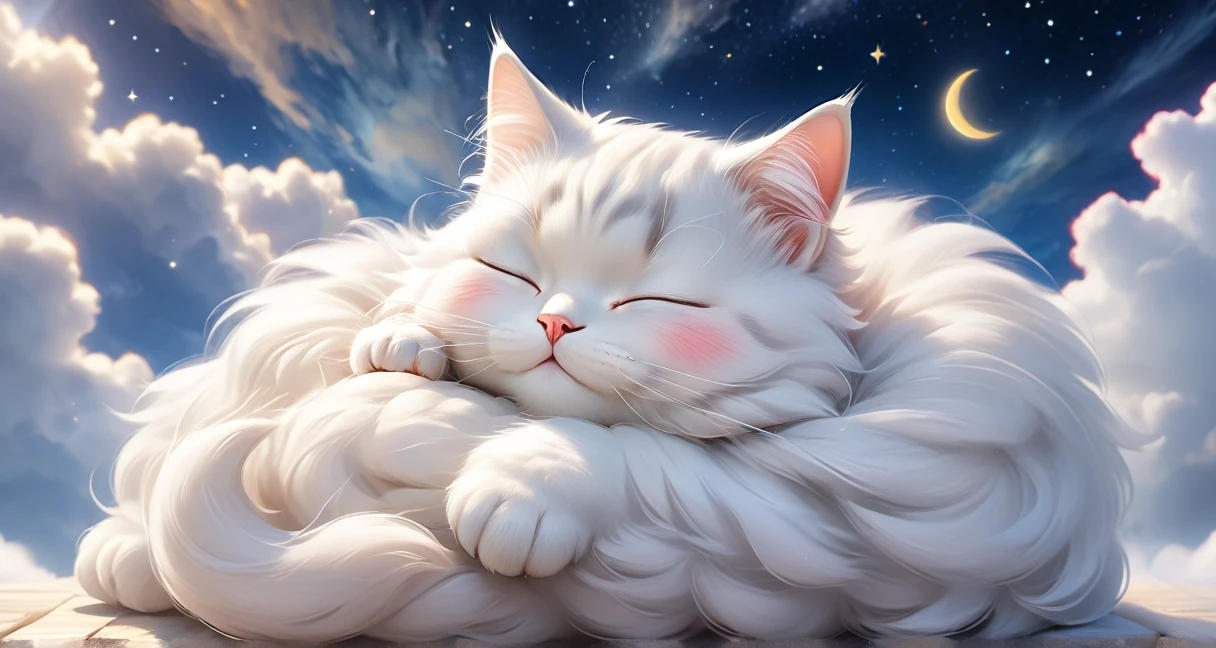((Perfect Face)), ((Highest quality)),Ultra-high resolution, 4K, wallpaper, High quality photos, Portrait of a cute cat sleeping on a cloud ADDCOMM Night Sky, Aozora ADDROW Sleeping Cat Tusun, tusuncub ADDROW Soft Cloud, (White cloud:1.6)
