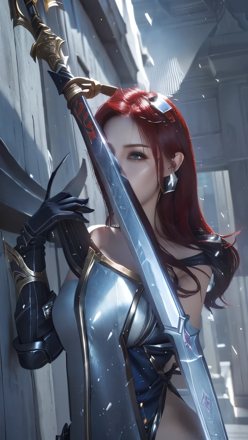 a close up of a beautiful girl with a sword in a building, katarina, miss fortune league of legends, league of legends splash art, irelia, league of legends splashart, ashe, samira from league of legends, league of legends character art, miss fortune