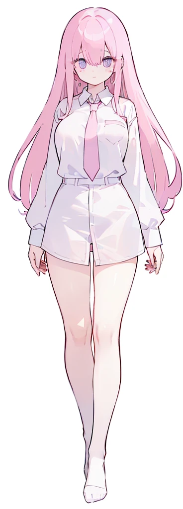 (((Long Pink hair))),Pink hair,kawai,(((Eyes visible from bangs,hair over eyes:1.3))),,Huge breasts,(purple color eyes),,(purple slanted eyes),1girl in,bangs,long White hair, pantyhose,Cowboy Shot,white background,Straight hair,,, (slant purple eyes) (((wearing a perfect white shirt))) white shirt sleeves should be folded to the elbows((Not wearing any pants, half naked, sensitive parts covered with a long, loose white shirt down to the middle of the thigh, perfect white shirt, no accessories like a tie (sexy body) Bare thighs without wearing any socks, The character's body is visible from head to ankle, ((Tall slim perfect body)) (Don't wear any trousers, just wear a white shirt and pink tie) full body full body full body full body (Full body image) legs wearing a short white loose t-shirt, Perfect long toe legs kawai