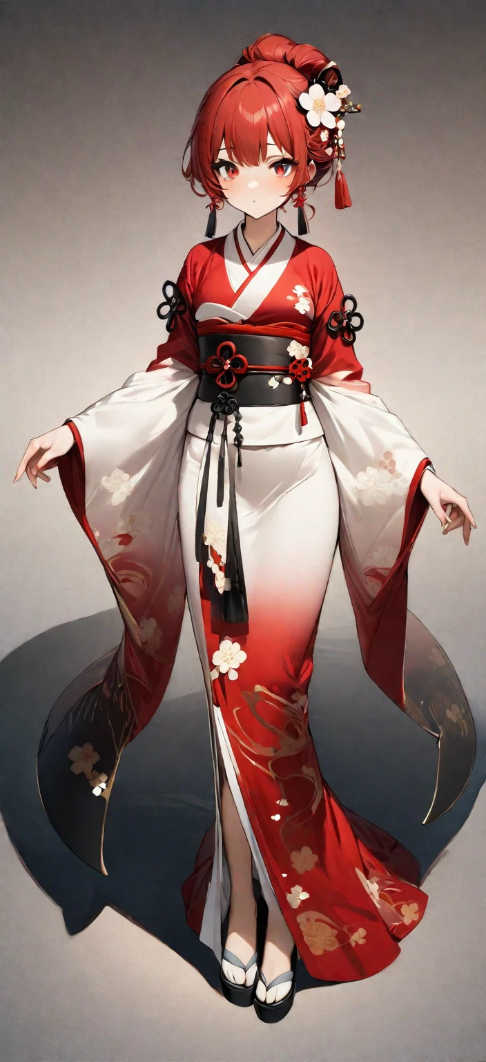 ((masterpiece, Highest quality)), (One girl), (alone)、Older sister in her late 20s, Red Hair、Character portrait、Plum blossom accessories、Red kimono、White background、White bob hair、Red eyes