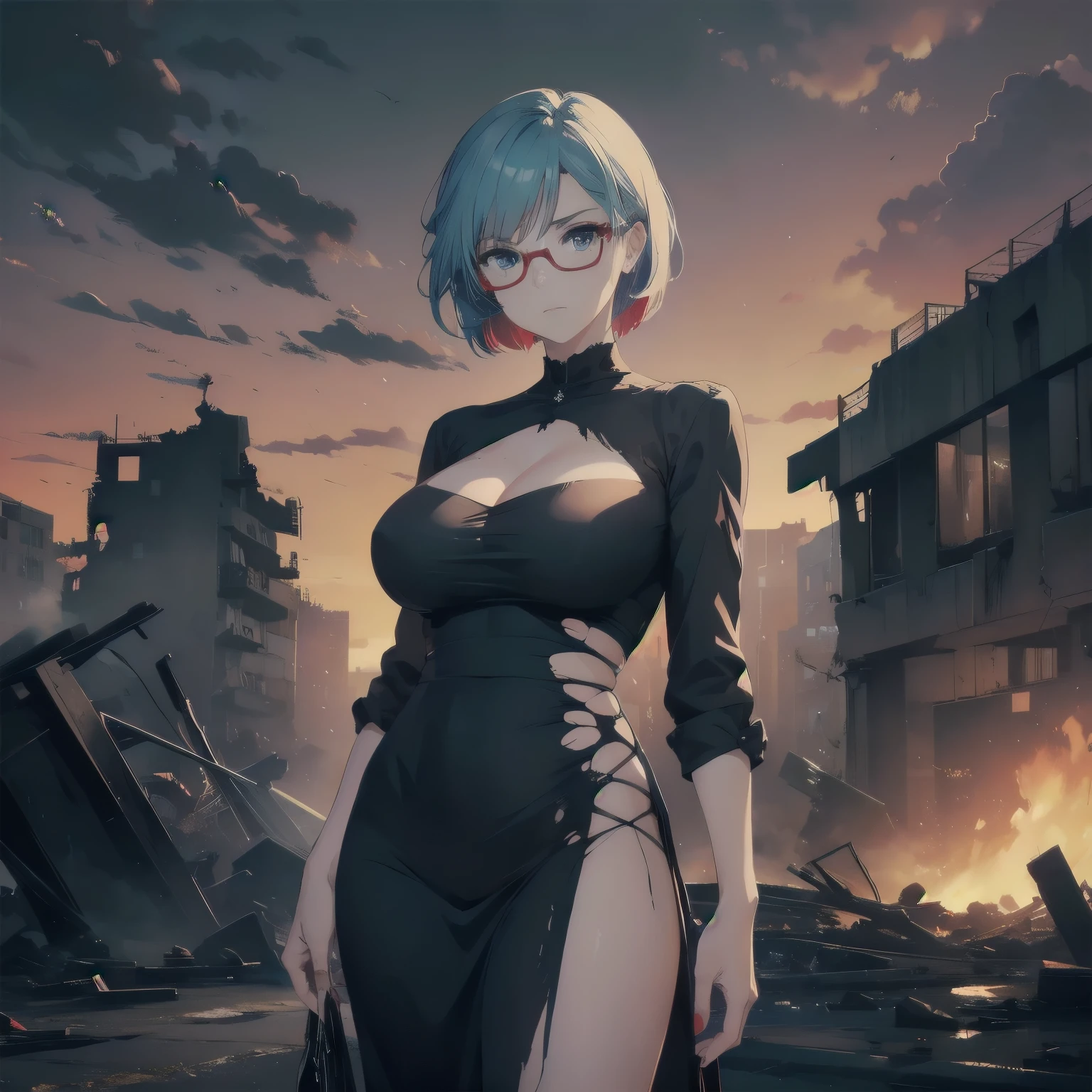 (masterpiece), 1girl, best quality, emotionless eyes, perfect face, (huge breasts), short hair, blue eyes BREAK light blue hair BREAK side cut, red glasses BREAK ((mature woman, mature female)), (GILF), , , standing, glaring, angry face, looking at viewer, ((torn dress, black dress)), (destroyed city, dark clouds), night sky, ((red sky)), apocalypsis city, ((ruins)), closed mouth, outdoors