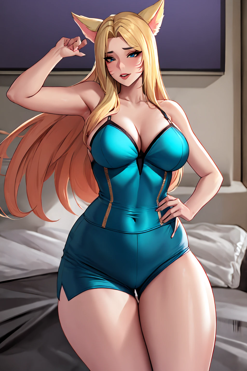 Masterpiece, high quality, kda ahri, ahri, fox hears, blonde, tight shorts, medium breasts, sexy, thick thighs, wide hips, blonde hair, posing, bedroom