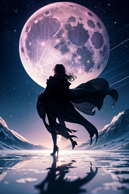 Highest quality,Big moon and shadow,A silhouette of a person can be seen against the backdrop of a large moon.,There is one full moon,There is a mood,Beautiful scenery,Starry Sky