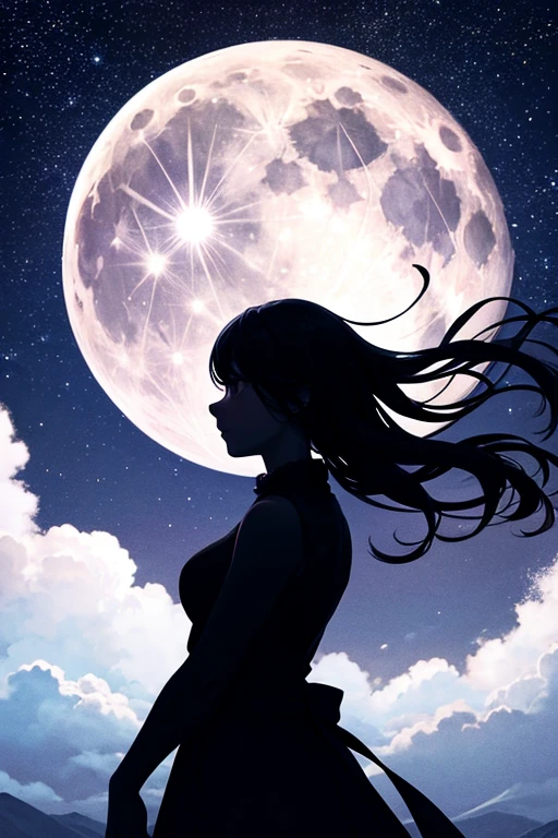 Highest quality,Big moon and shadow,A silhouette of a person can be seen against the backdrop of a large moon.,There is one full moon,There is a mood,Beautiful scenery,Starry Sky