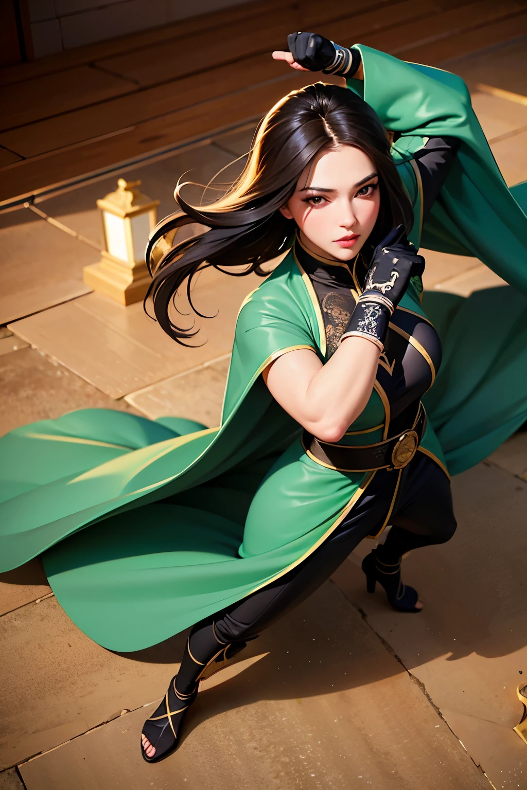 masterpiece, best quality, ultra-detailed, extremely detailed, 4K, 8K, best quality, beautiful, dynamic angle, full body, in the middle, look down from above, a pretty woman, solo, beautiful black hair, beautiful black eyes, beautiful eyes, gloves, cool,Martial artist, ((green)) martial artist's robe