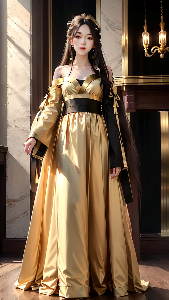 Girl in traditional Chinese clothing, Hanfu, Guzhen Hanfu women, gold Hanfu,(long straight black hair:1.5), black eyes, black bun hairstyle, hair accessories ,white diamond earrings, Bangle Diameter, Dia Necklace, Clear eyes, Facing forward,put on makeup, Long eyelashes ,(gold long shoulder coat:1.5), (Very long skirt, white:1.5), ((Whole body)), ((from below)), Clear face, , (Very beautiful face, Beautiful mouth, beautiful eyes), detailed face, ((Ultra-fine skin)), In the dark, deep shadows, an ancient Chinese girl (Very slim figure 1.3) ,Plump breasts, elegant posture ,(palace in the sky:1.5),