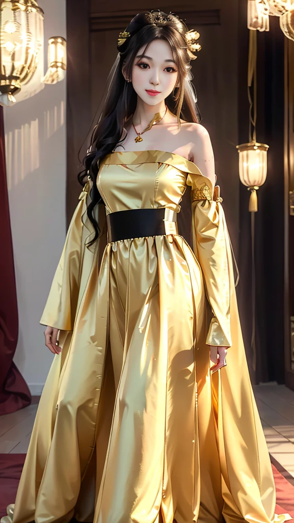 Girl in traditional Chinese clothing, Hanfu, Guzhen Hanfu women, gold Hanfu,(long straight black hair:1.5), black eyes, black bun hairstyle, hair accessories ,white diamond earrings, Bangle Diameter, Dia Necklace, Clear eyes, Facing forward,put on makeup, Long eyelashes ,(gold long shoulder coat:1.5), (Very long skirt, white:1.5), ((Whole body)), ((from below)), Clear face, , (Very beautiful face, Beautiful mouth, beautiful eyes), detailed face, ((Ultra-fine skin)), In the dark, deep shadows, an ancient Chinese girl (Very slim figure 1.3) ,Plump breasts, elegant posture ,(palace in the sky:1.5),