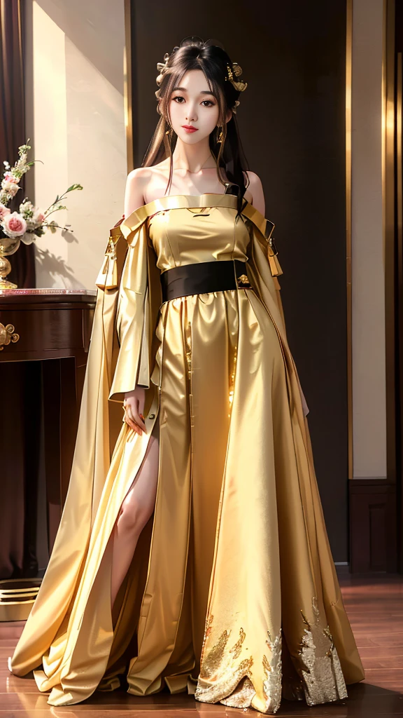 Girl in traditional Chinese clothing, Hanfu, Guzhen Hanfu women, gold Hanfu,(long straight black hair:1.5), black eyes, black bun hairstyle, hair accessories ,white diamond earrings, Bangle Diameter, Dia Necklace, Clear eyes, Facing forward,put on makeup, Long eyelashes ,(gold long shoulder coat:1.5), (Very long skirt, white:1.5), ((Whole body)), ((from below)), Clear face, , (Very beautiful face, Beautiful mouth, beautiful eyes), detailed face, ((Ultra-fine skin)), In the dark, deep shadows, an ancient Chinese girl (Very slim figure 1.3) ,Plump breasts, elegant posture ,(palace in the sky:1.5),