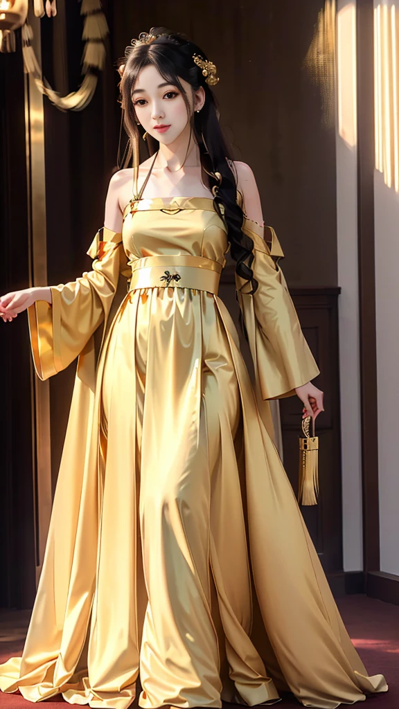 Girl in traditional Chinese clothing, Hanfu, Guzhen Hanfu women, gold Hanfu,(long straight black hair:1.5), black eyes, black bun hairstyle, hair accessories ,white diamond earrings, Bangle Diameter, Dia Necklace, Clear eyes, Facing forward,put on makeup, Long eyelashes ,(gold long shoulder coat:1.5), (Very long skirt, white:1.5), ((Whole body)), ((from below)), Clear face, , (Very beautiful face, Beautiful mouth, beautiful eyes), detailed face, ((Ultra-fine skin)), In the dark, deep shadows, an ancient Chinese girl (Very slim figure 1.3) ,Plump breasts, elegant posture ,(palace in the sky:1.5),