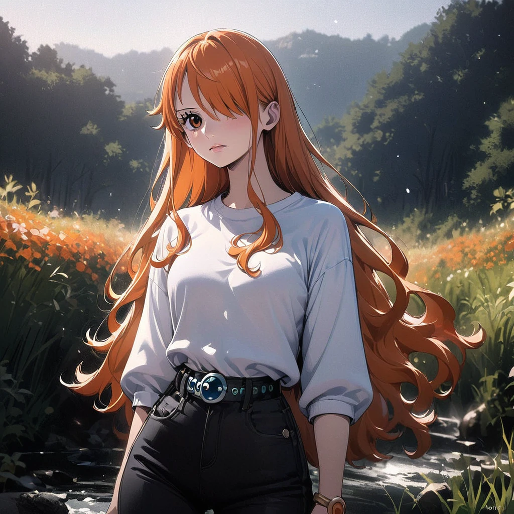 masterpiece, best quality), intricate details, 1 girl, woman, orange hair, nami \ (one piece\), (long hair), shirt, ((white shirt, black pant, black court)) female focus, nature, scenery, upper body, ((front view)) ((close up shot)) ((solo)) ((hair over one eyes)) detailed, very high resolution, no blurry image, full body, orange eyes, sligh wavy hair, ((nami from one piece)) ((female nami from one piece)), (((straight hair)) ((front view))